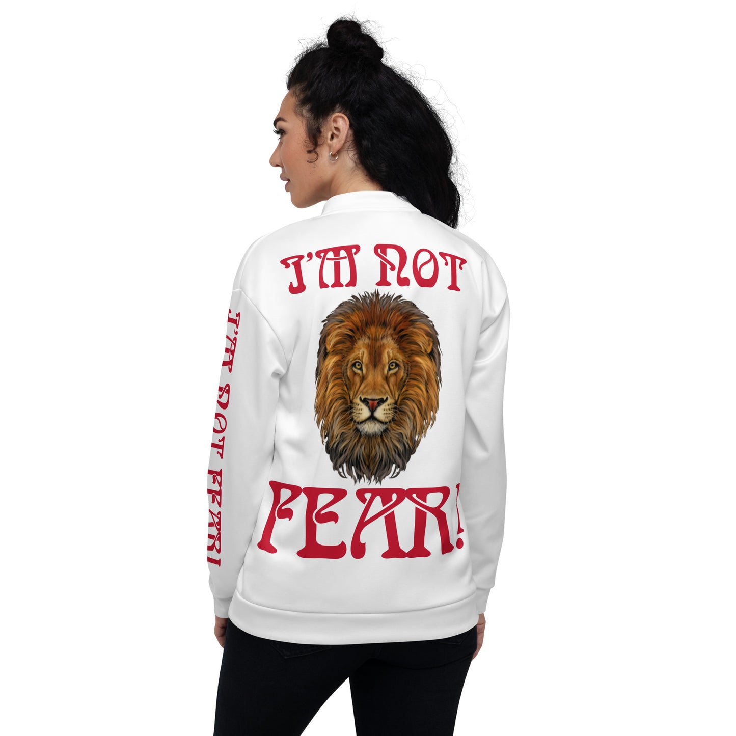 “I’M NOT FEAR!"White Unisex Bomber Jacket W/Red Font