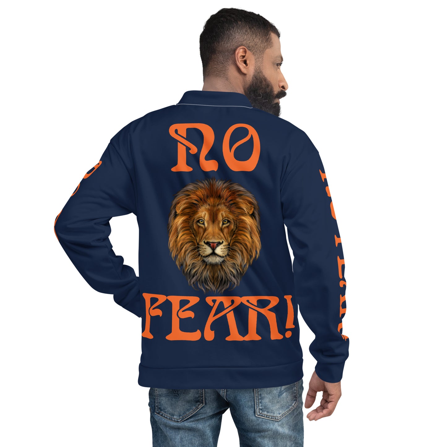 “NO FEAR!"Navy Unisex Bomber Jacket W/Orange Font