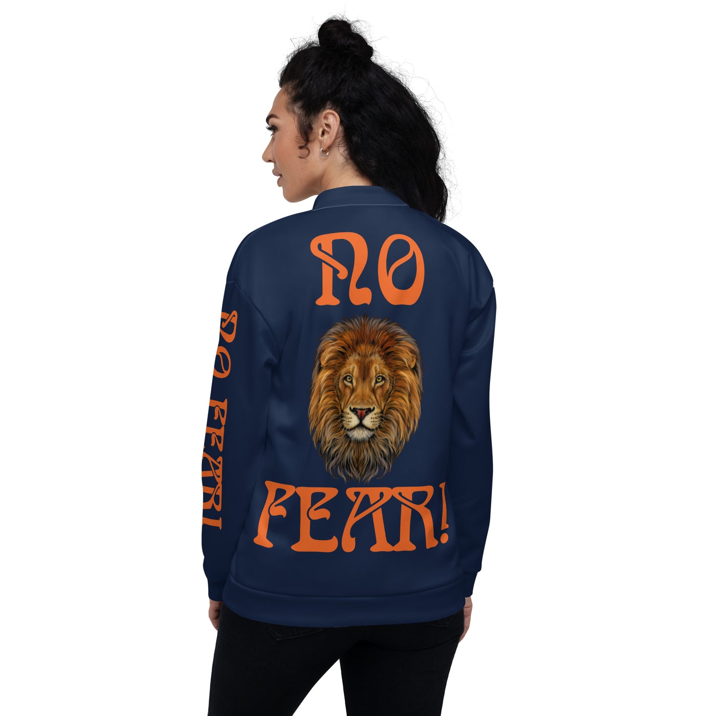 “NO FEAR!"Navy Unisex Bomber Jacket W/Orange Font