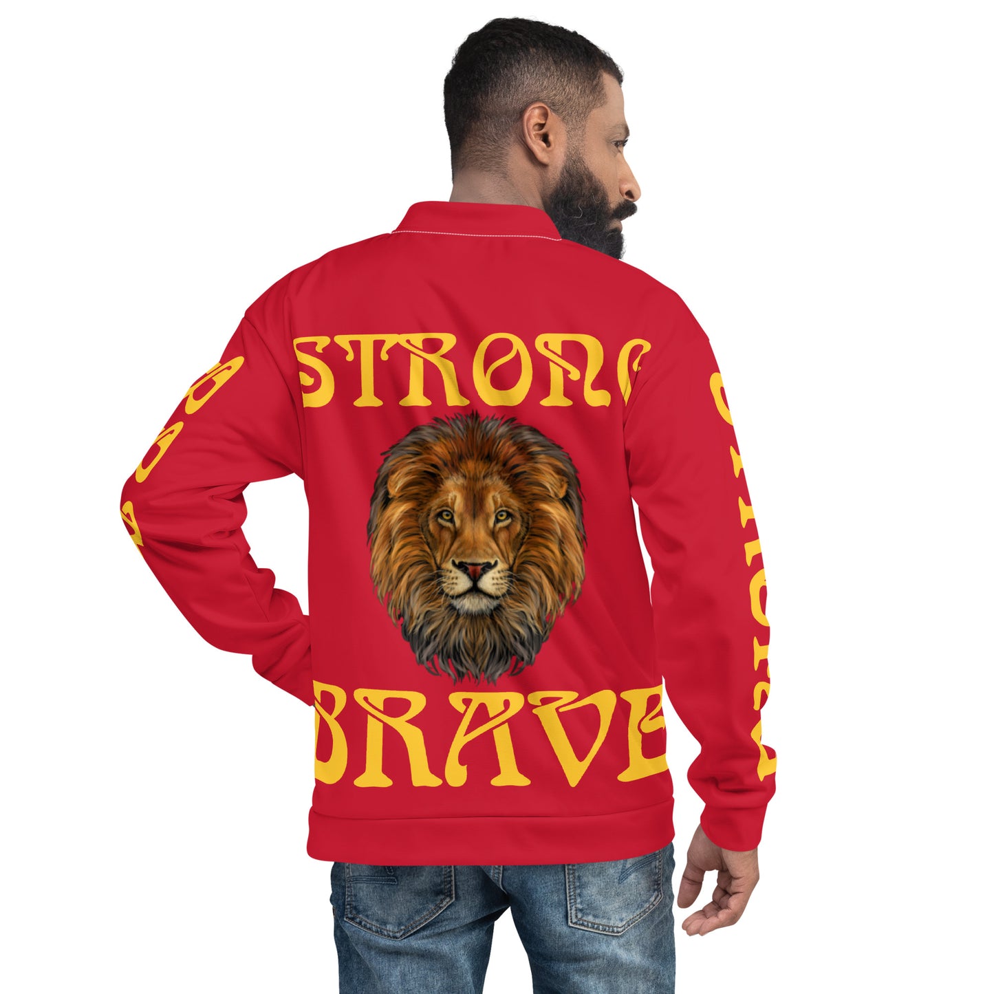 “STRONG,BRAVE”Red Unisex Bomber Jacket W/Yellow Font