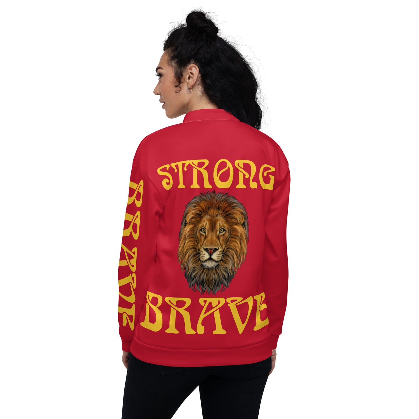 “STRONG,BRAVE”Red Unisex Bomber Jacket W/Yellow Font