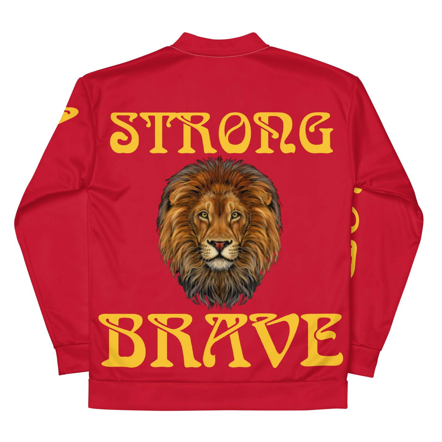 “STRONG,BRAVE”Red Unisex Bomber Jacket W/Yellow Font