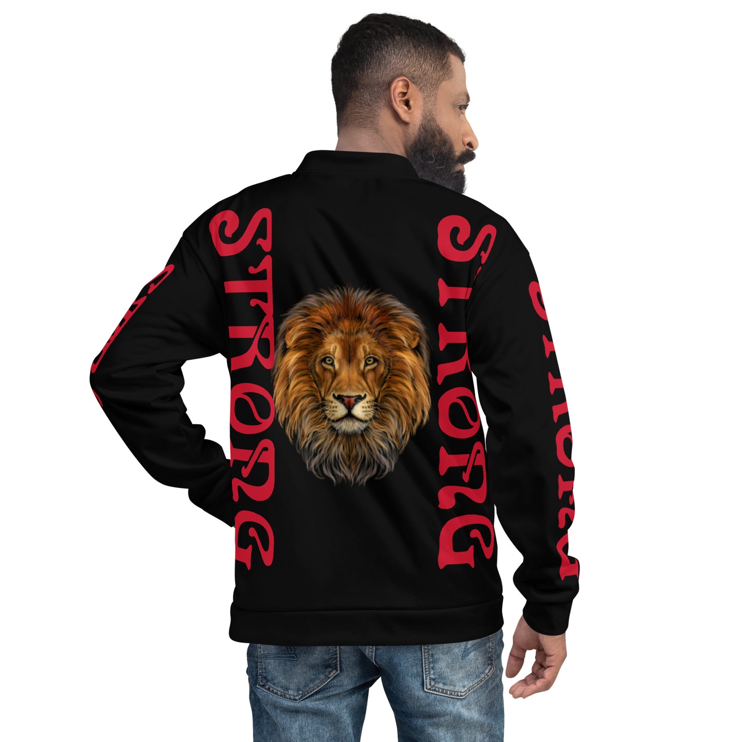 “STRONG”Black Unisex Bomber Jacket W/Double-Sided Red Font