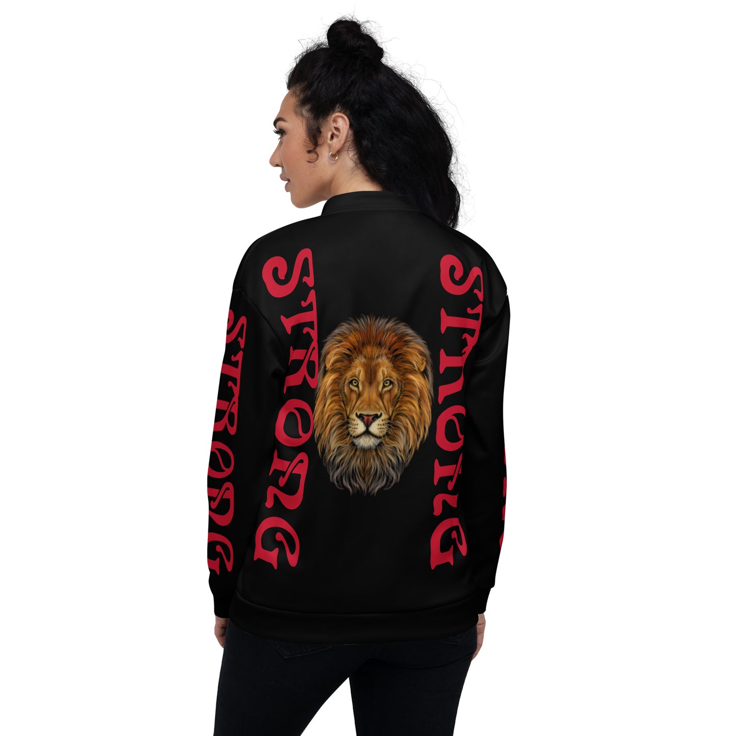 “STRONG”Black Unisex Bomber Jacket W/Double-Sided Red Font