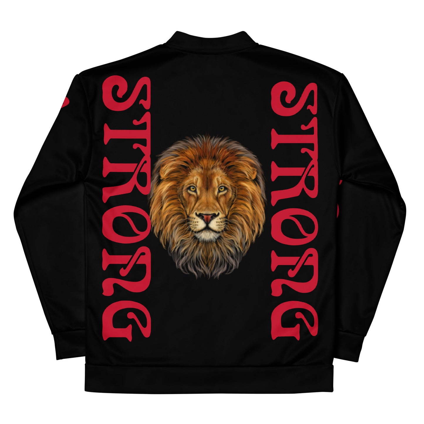 “STRONG”Black Unisex Bomber Jacket W/Double-Sided Red Font