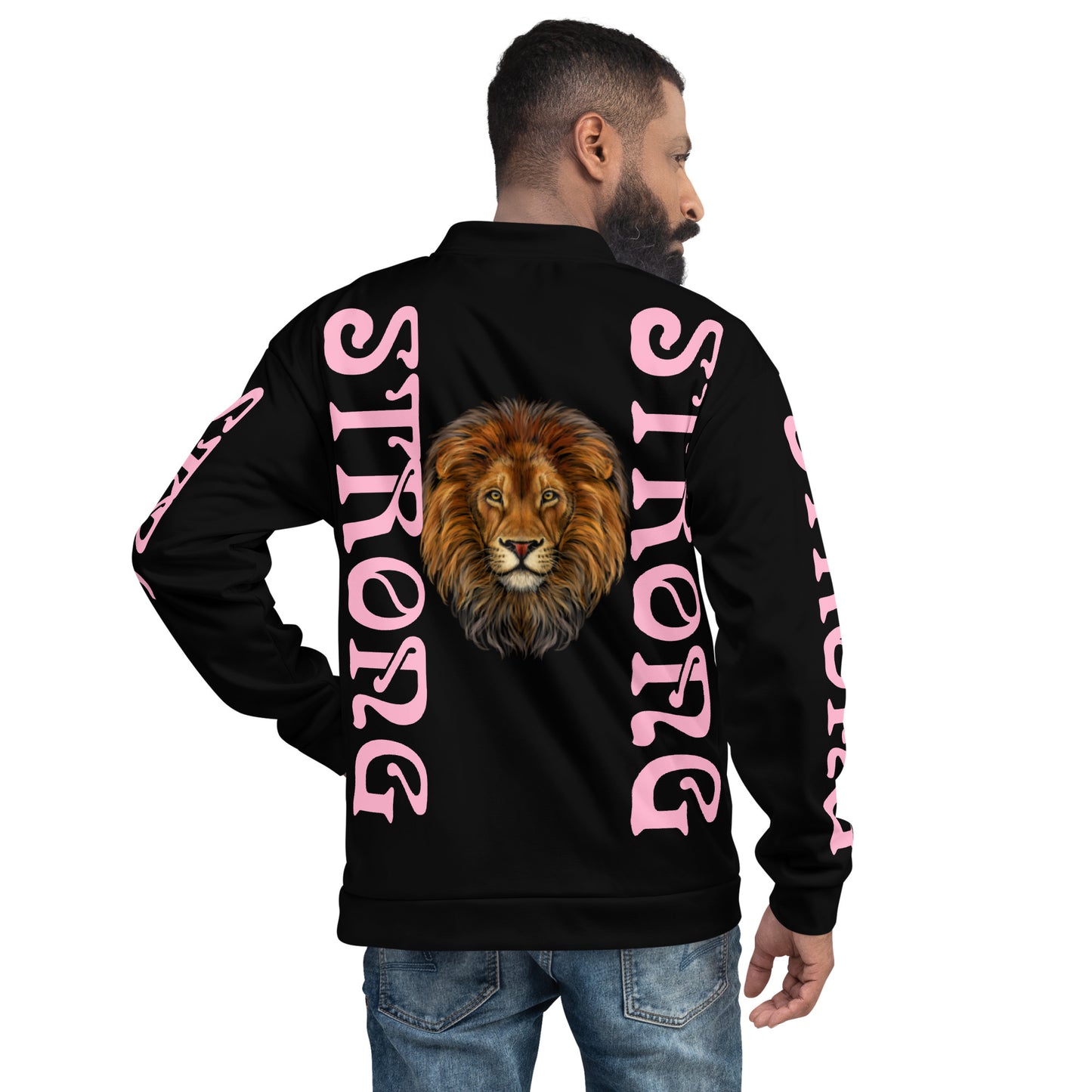 “STRONG”Black Unisex Bomber Jacket W/Cotton Candy Font