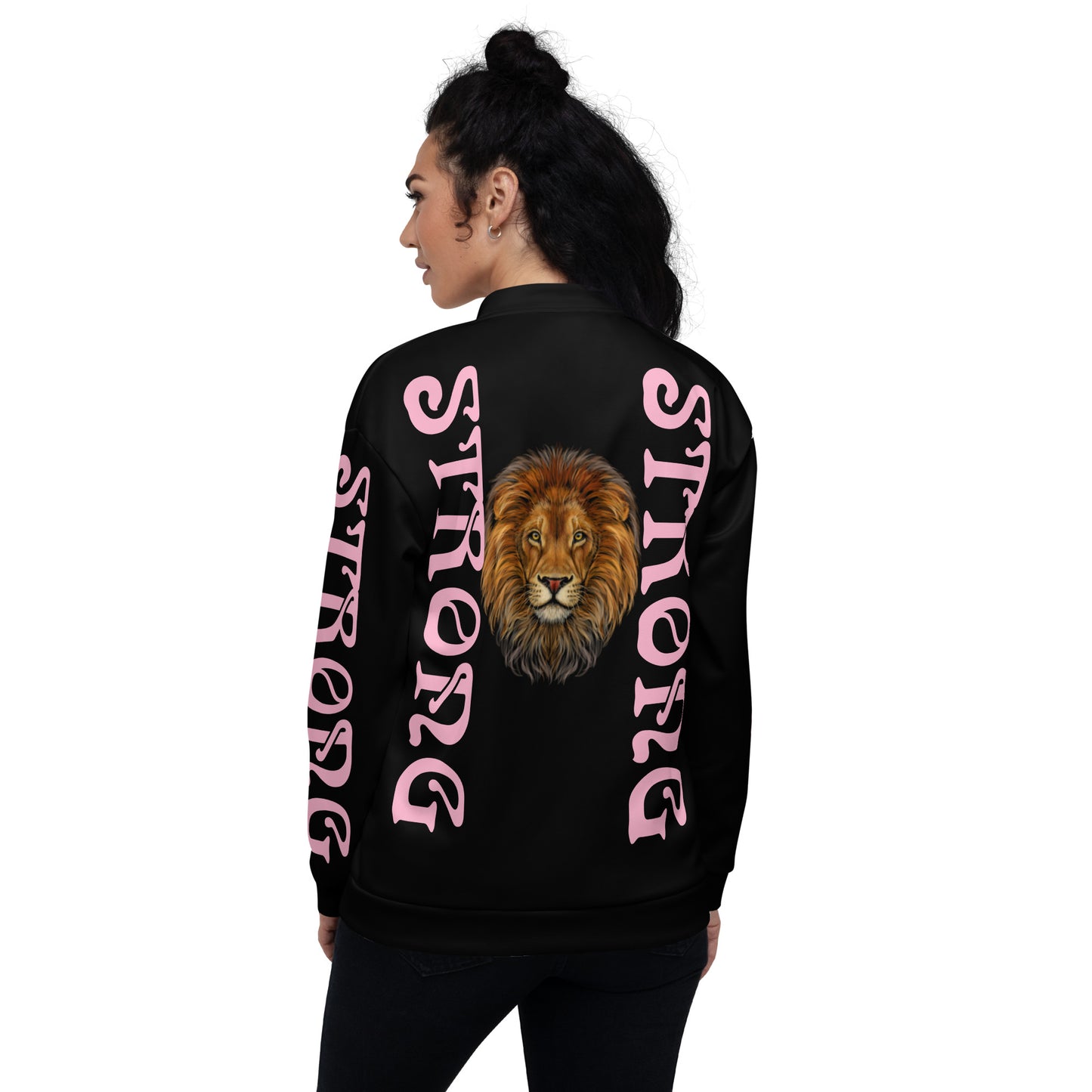 “STRONG”Black Unisex Bomber Jacket W/Cotton Candy Font