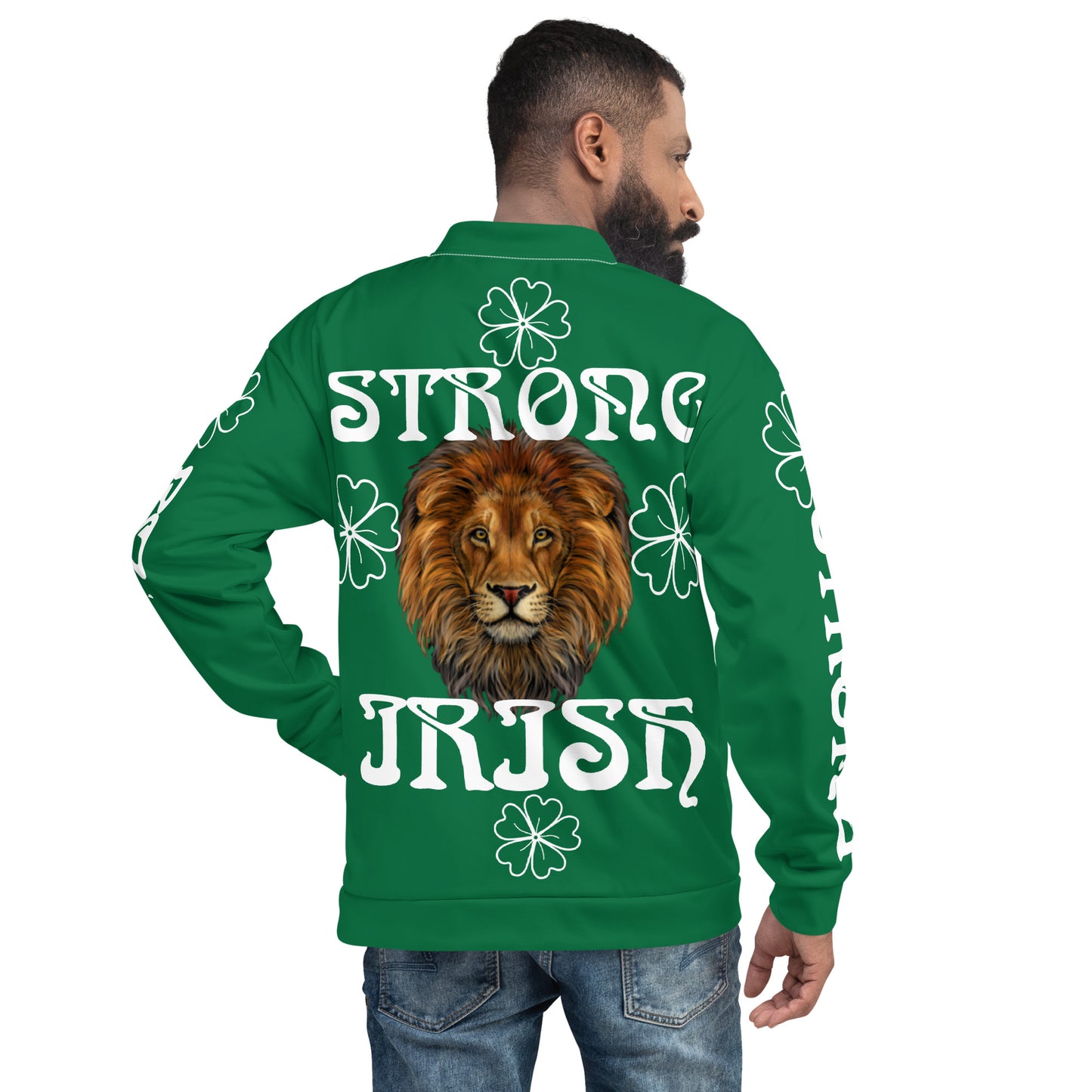 “STRONG IRISH”Green Unisex Bomber Jacket W/White Font