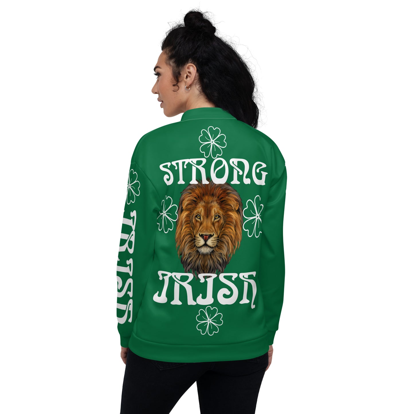 “STRONG IRISH”Green Unisex Bomber Jacket W/White Font