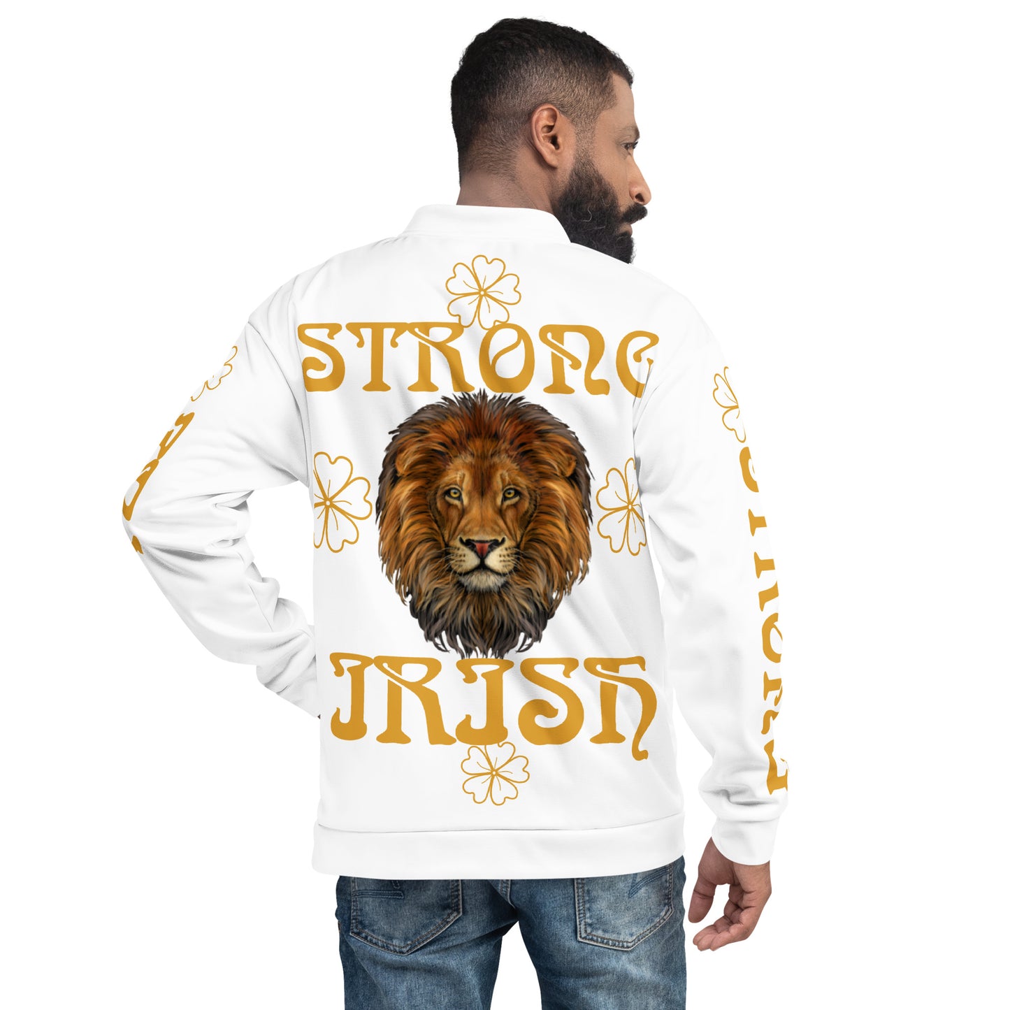 “STRONG IRISH” White Unisex Bomber Jacket W/Bronze Font