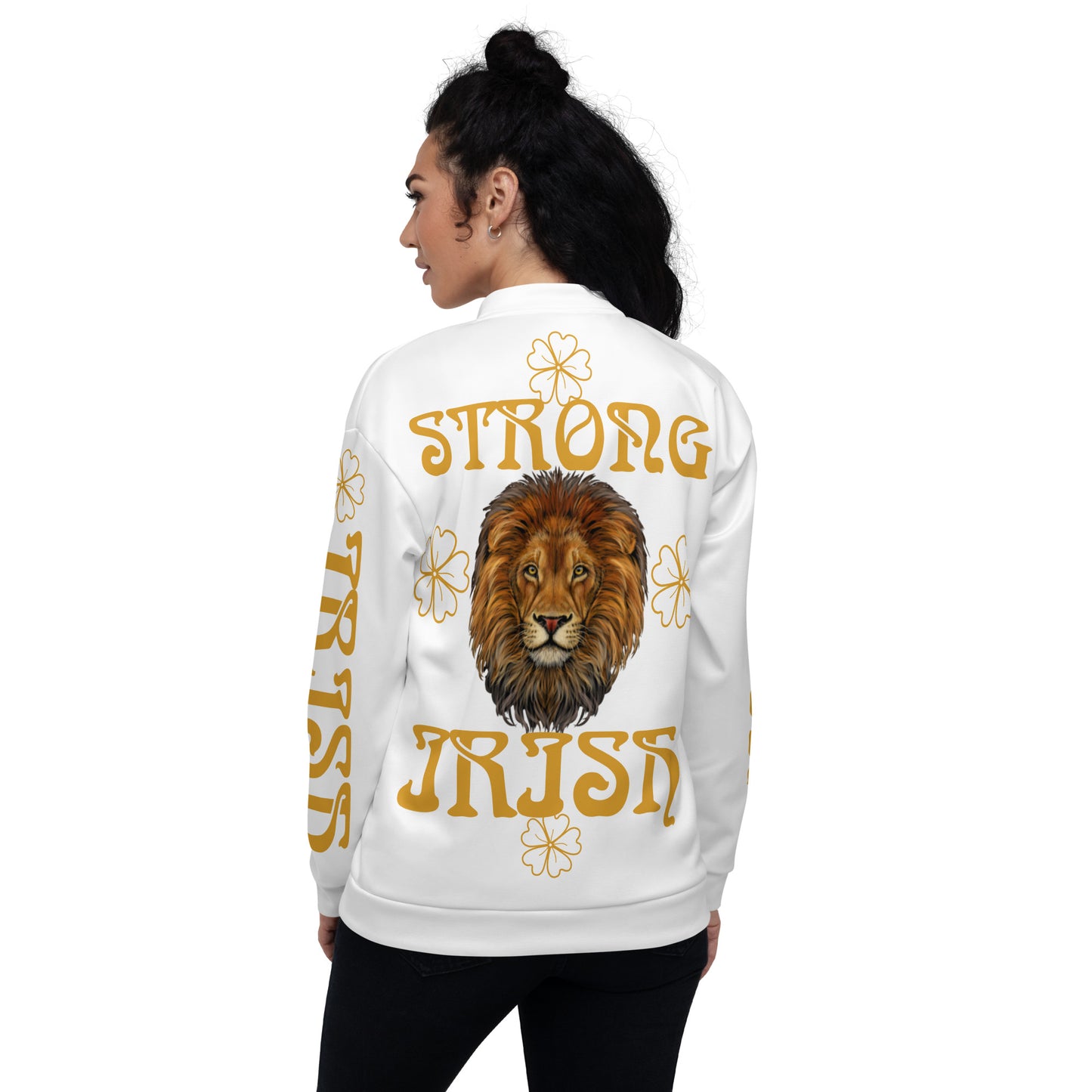 “STRONG IRISH” White Unisex Bomber Jacket W/Bronze Font