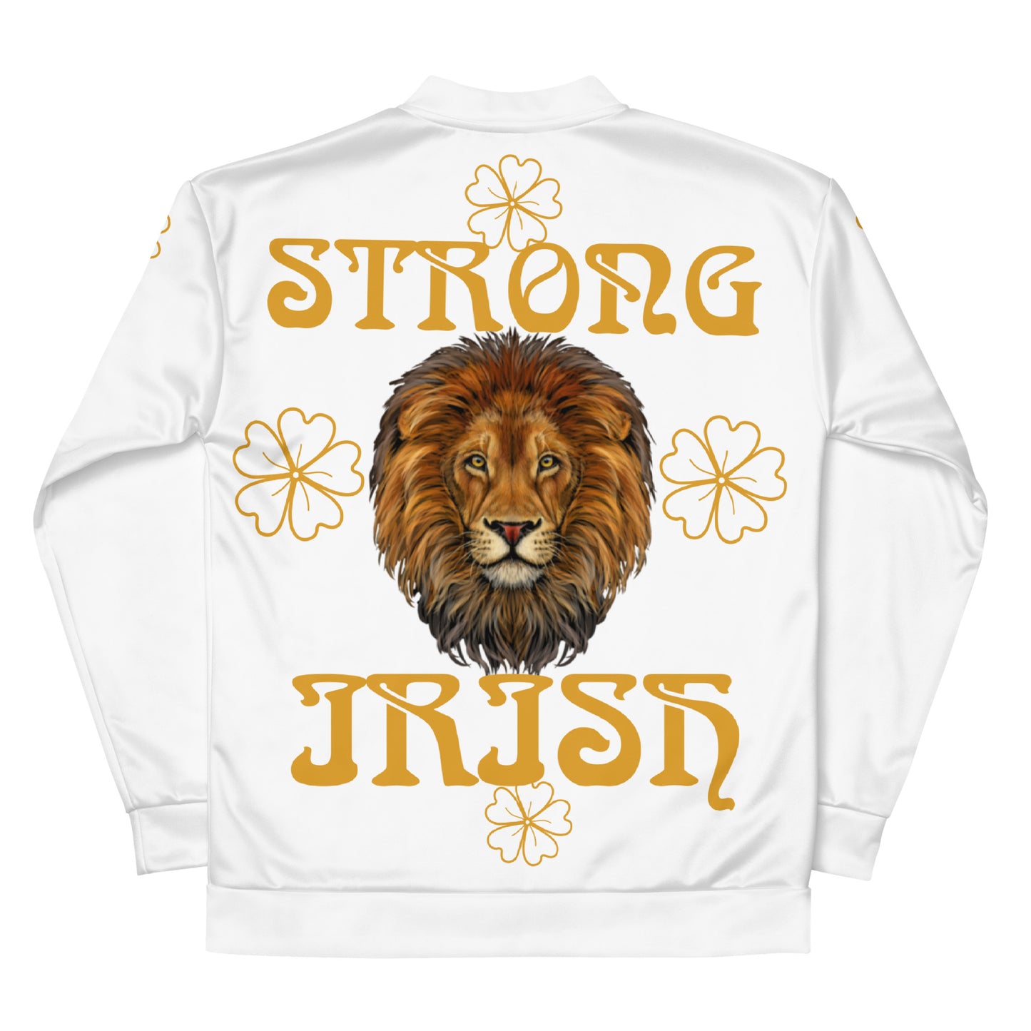 “STRONG IRISH” White Unisex Bomber Jacket W/Bronze Font