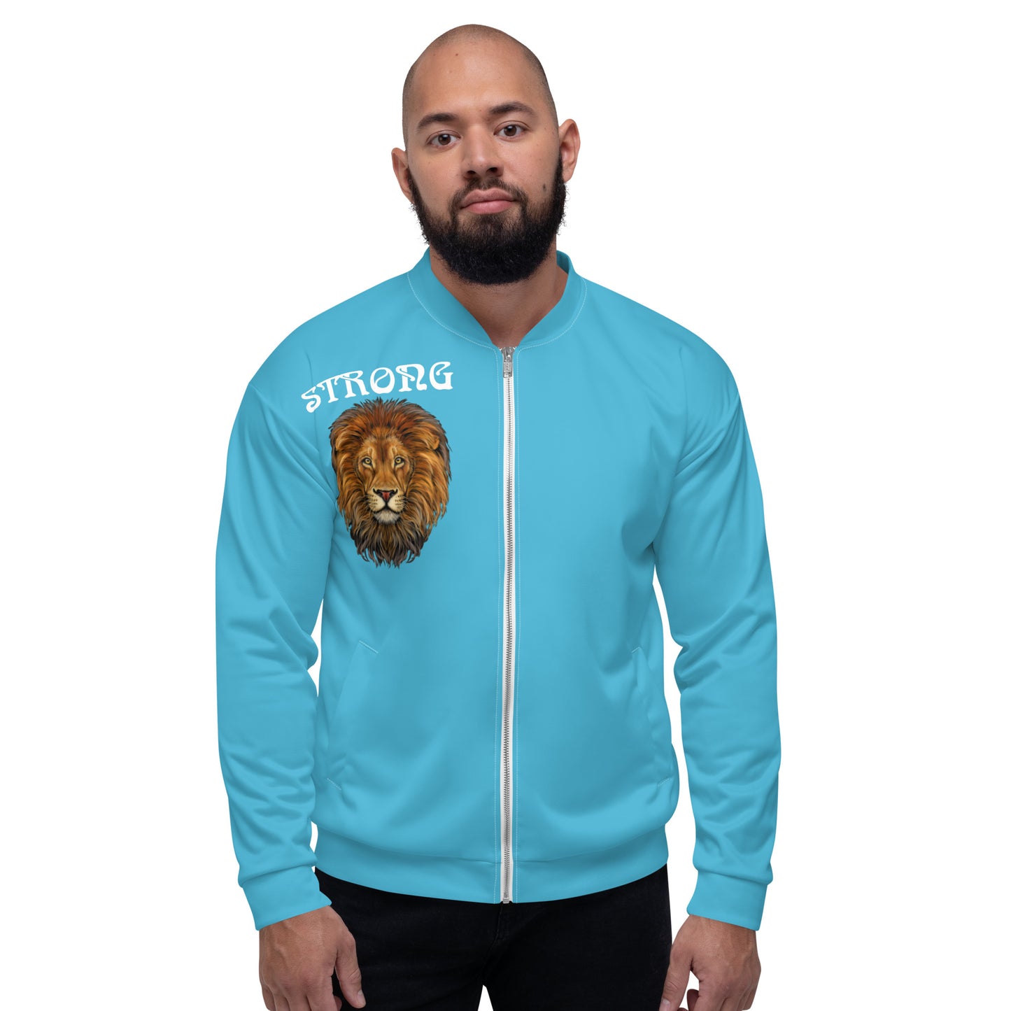 "STRONG"Sky Blue Unisex Bomber Jacket W/White Font