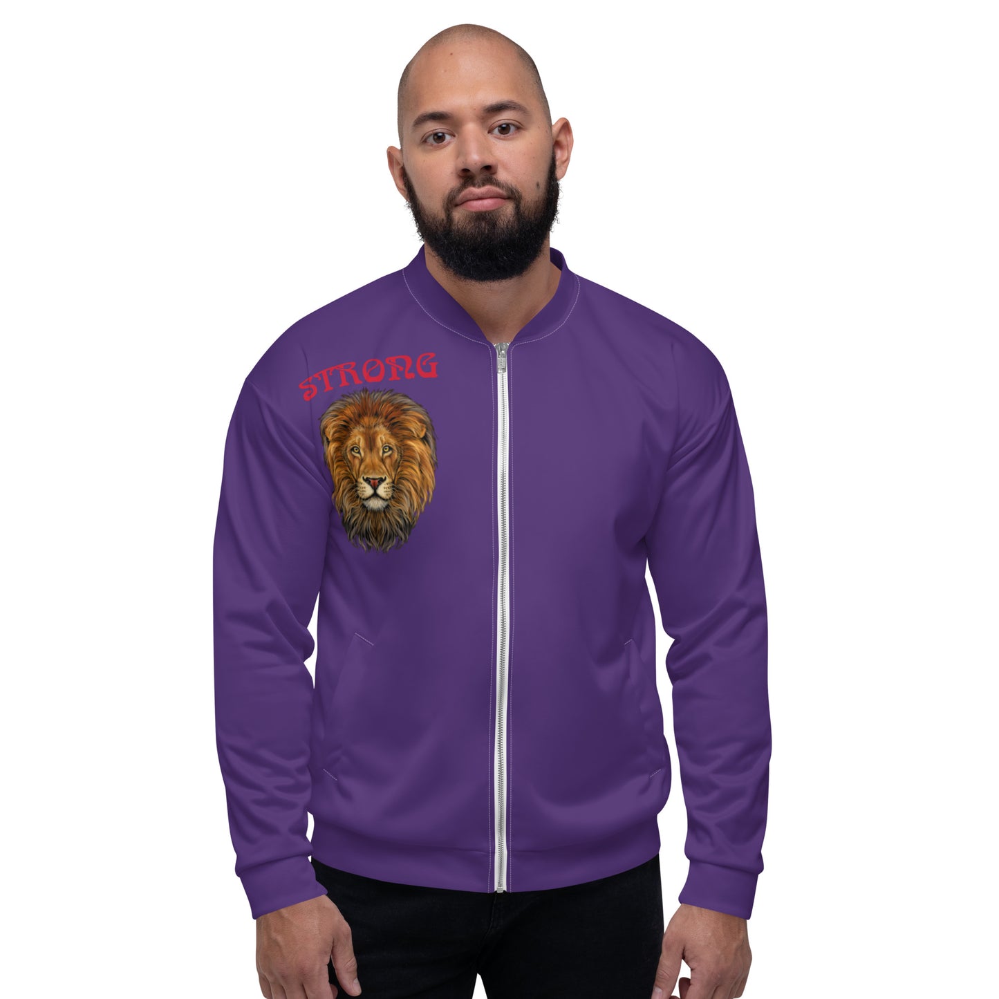 "STRONG"Purple Unisex Bomber Jacket W/Red Font