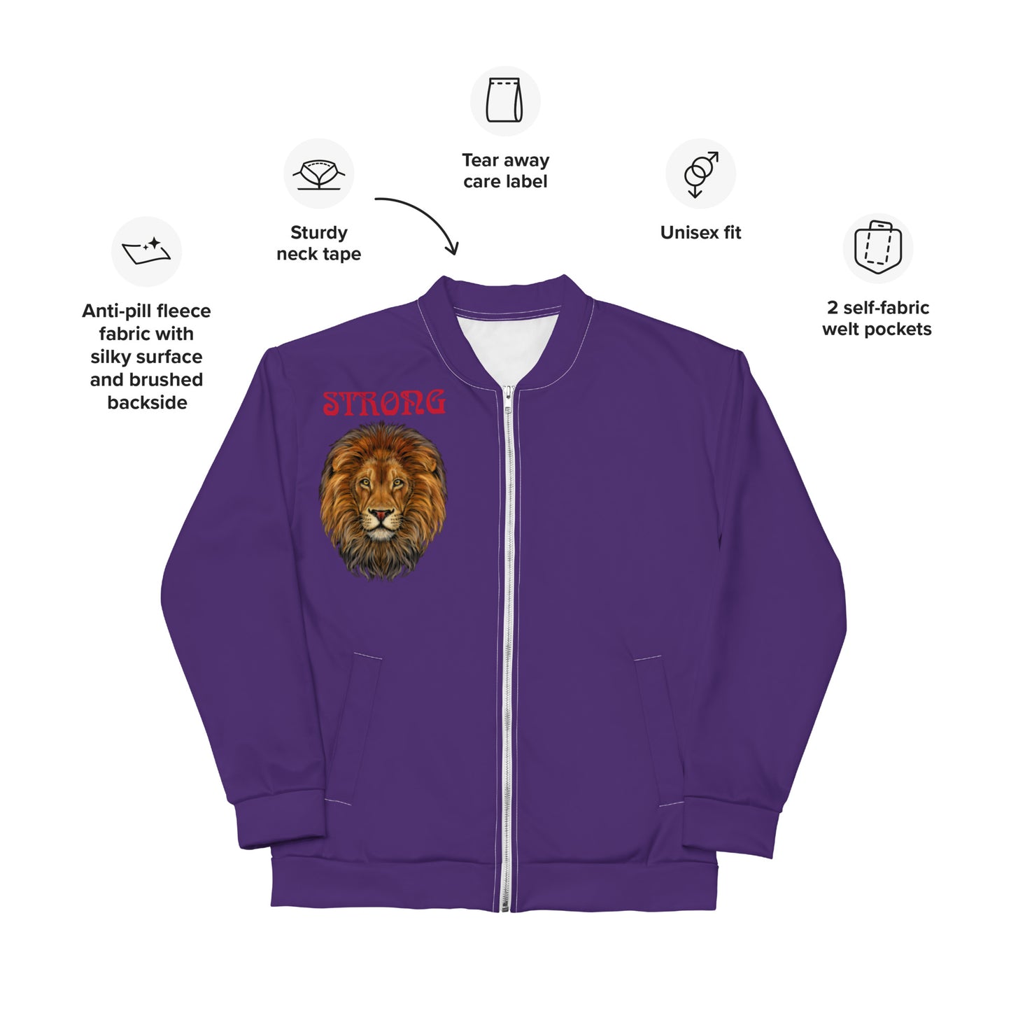 "STRONG"Purple Unisex Bomber Jacket W/Red Font