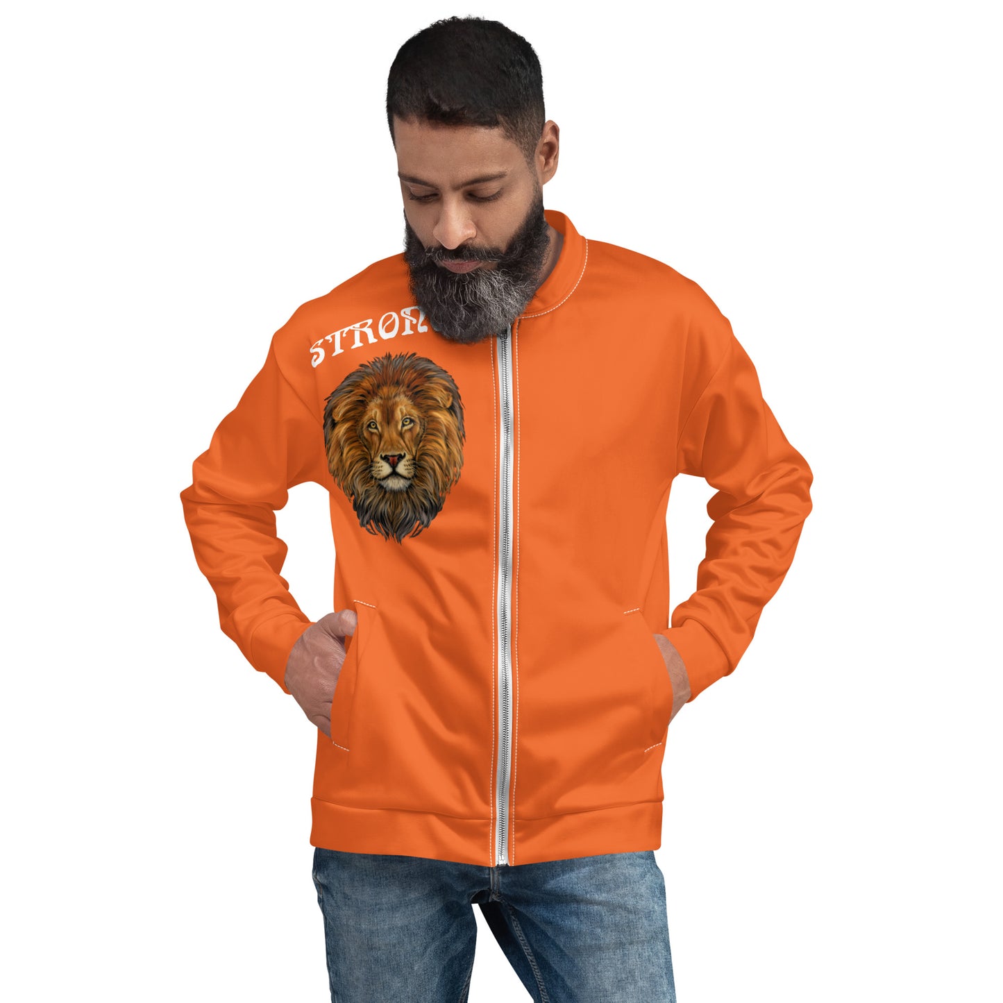 “STRONG”Orange Unisex Bomber Jacket W/White Font