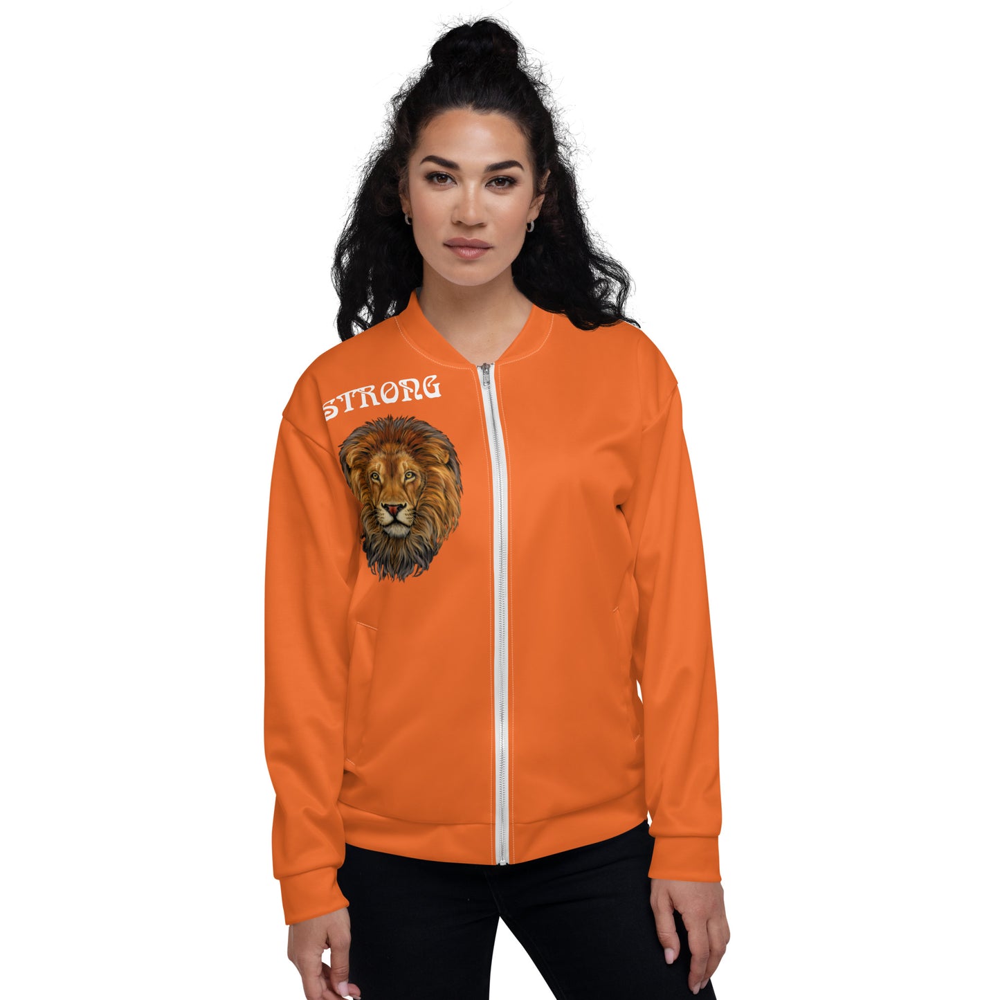 “STRONG”Orange Unisex Bomber Jacket W/White Font