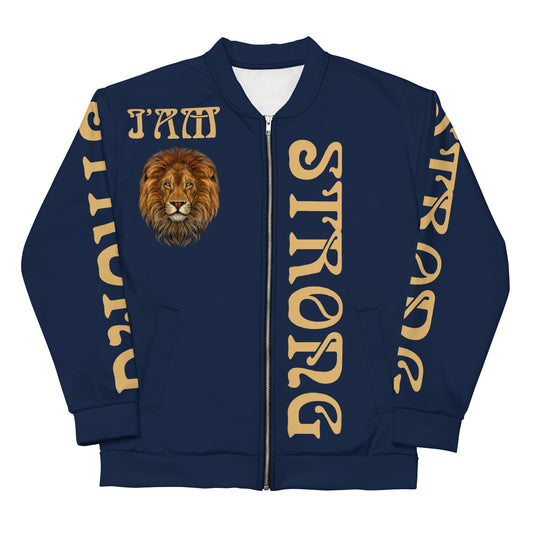 "I'AM STRONG”Navy Unisex Bomber Jacket W/Fawn Font