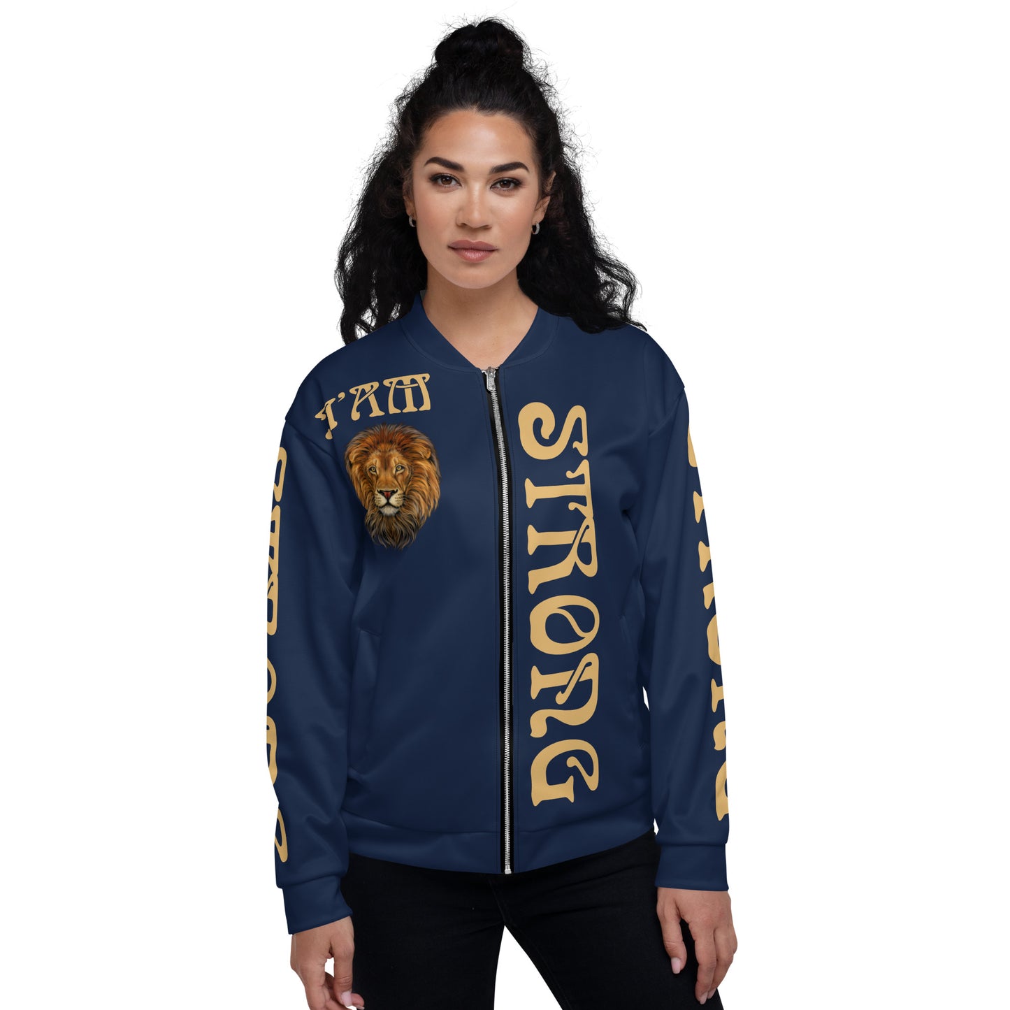 "I'AM STRONG”Navy Unisex Bomber Jacket W/Fawn Font