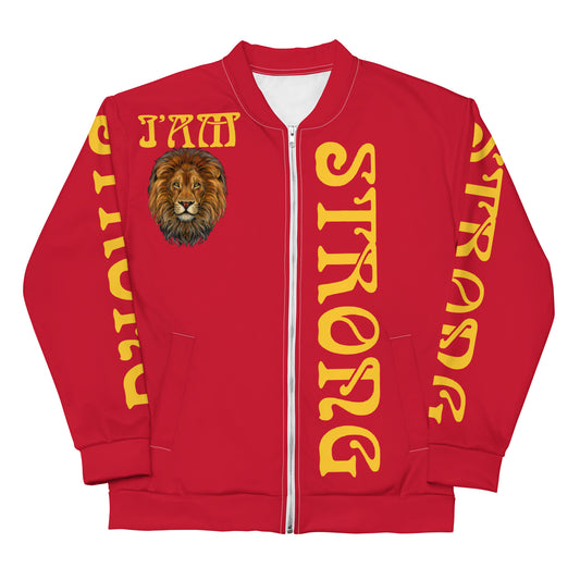 “I’AM STRONG”Red Unisex Bomber Jacket W/Yellow Font