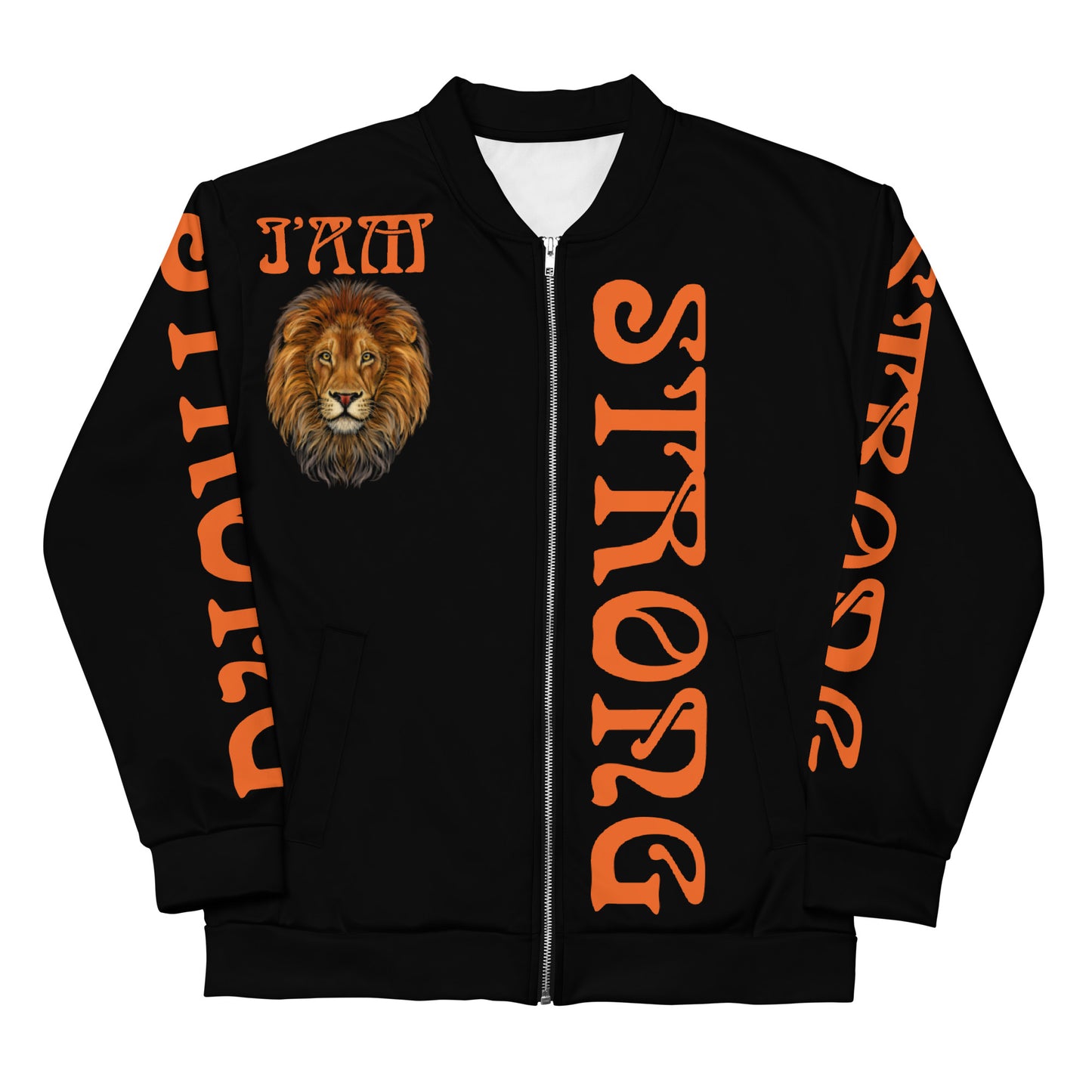 “I’AM STRONG”Black Unisex Bomber Jacket W/Orange Font