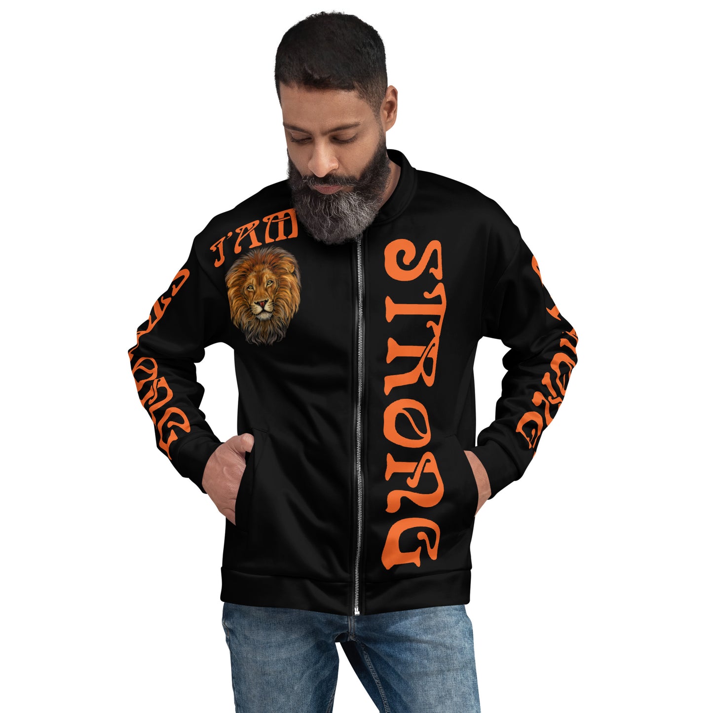 “I’AM STRONG”Black Unisex Bomber Jacket W/Orange Font