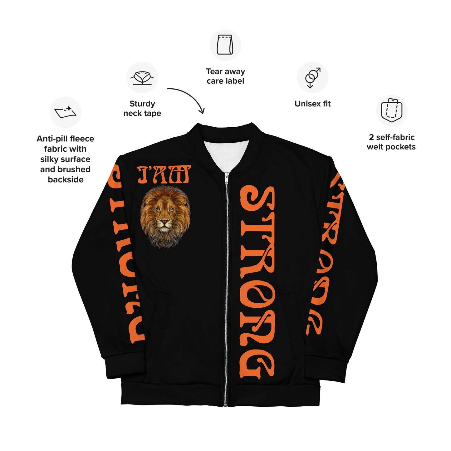 “I’AM STRONG”Black Unisex Bomber Jacket W/Orange Font