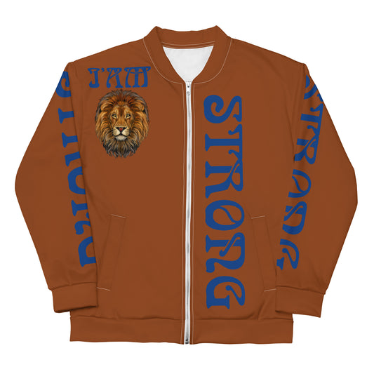 “I”AM STRONG”Brown Unisex Bomber Jacket W/Blue Font