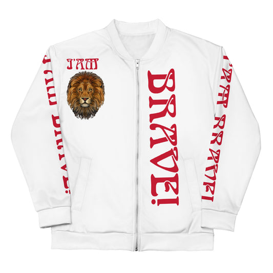 “I’AM BRAVE!”White Unisex Bomber Jacket W/Red Font