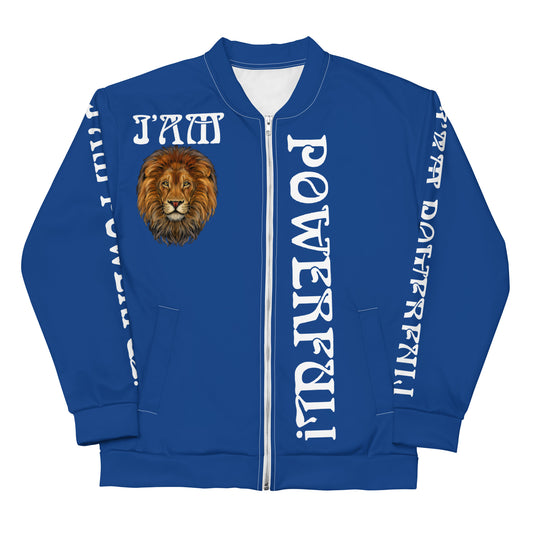 “POWERFUL!”Blue Unisex Bomber Jacket W/White Font