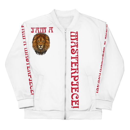 “IAM A MASTERPIECE!”White Unisex Bomber Jacket W/Red Font