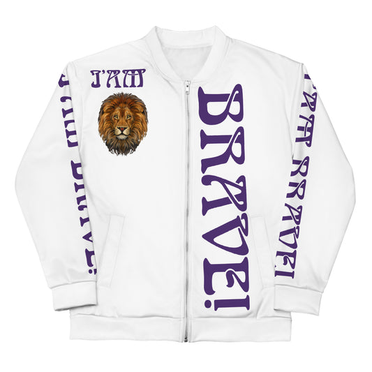 “IAM BRAVE!"White Unisex Bomber Jacket W/Purple Font