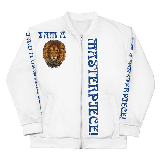 “IAM A MASTERPIECE!"White Unisex Bomber Jacket W/Blue Font