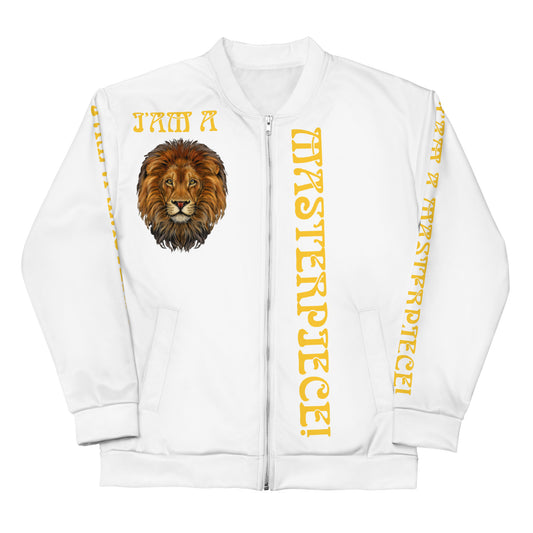 “IAM A MASTERPIECE!”White Unisex Bomber Jacket W/Yellow Font