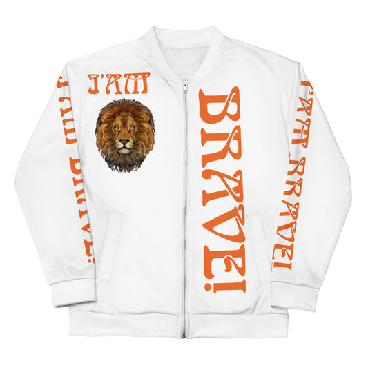 “IAM BRAVE!"White Unisex Bomber Jacket W/Orange Font