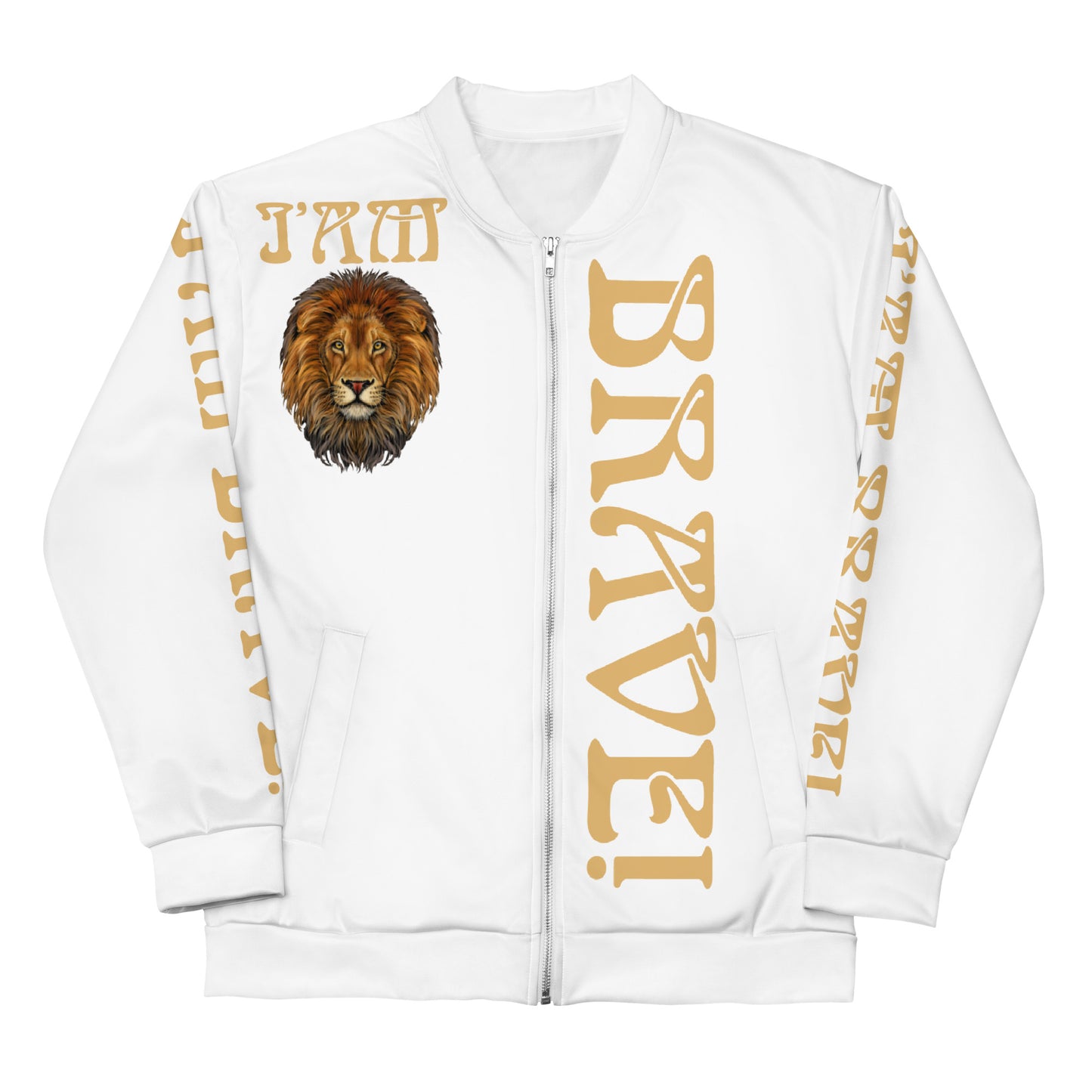 “IAM BRAVE!”White Unisex Bomber Jacket W/Fawn Font