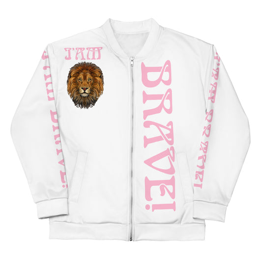 “IAM BRAVE!”White Unisex Bomber Jacket W/Cotton Candy Font