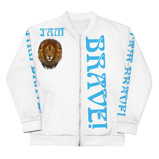 “IAM BRAVE!”White Unisex Bomber Jacket W/SkyBlue Font