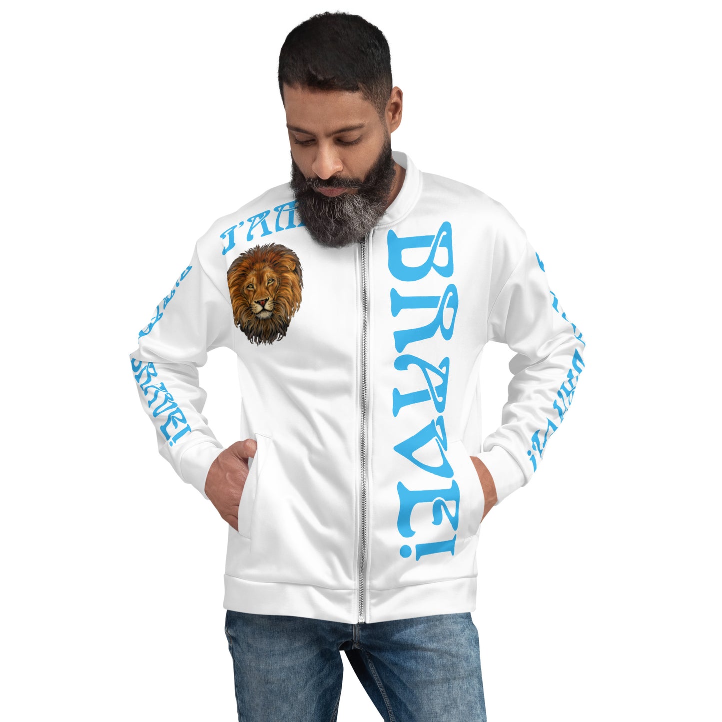 “IAM BRAVE!”White Unisex Bomber Jacket W/SkyBlue Font