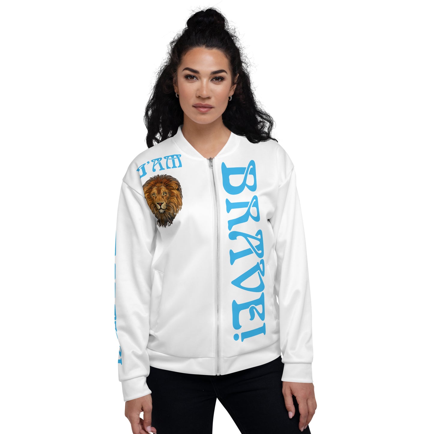 “IAM BRAVE!”White Unisex Bomber Jacket W/SkyBlue Font