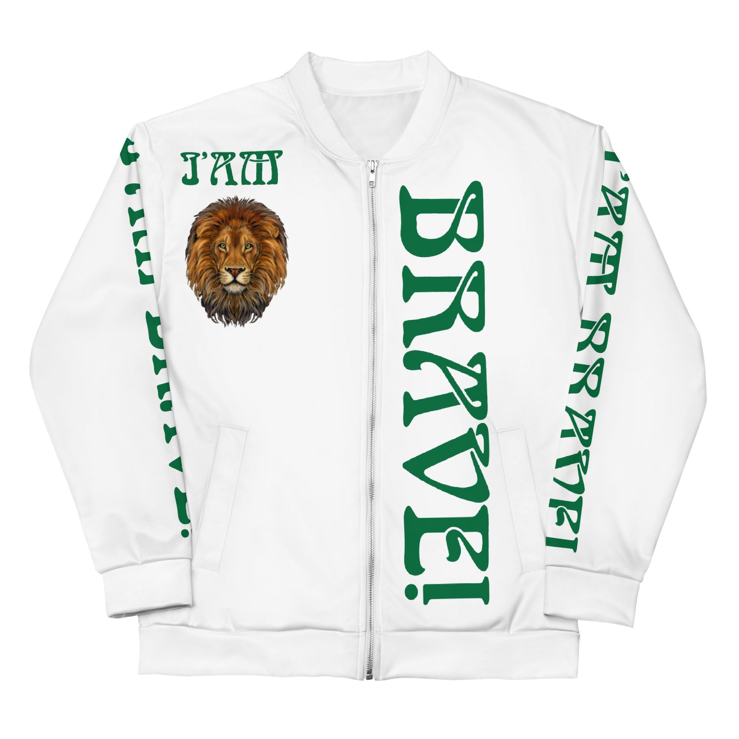 “I’AM BRAVE!”White Unisex Bomber Jacket W/Green Font