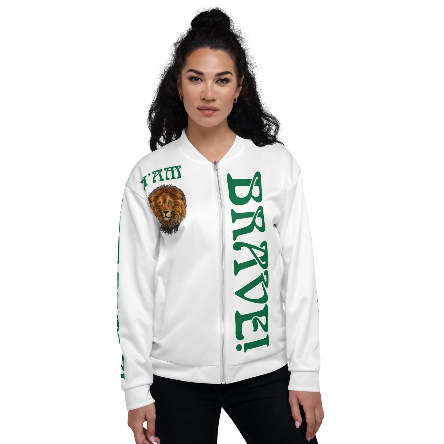 “I’AM BRAVE!”White Unisex Bomber Jacket W/Green Font