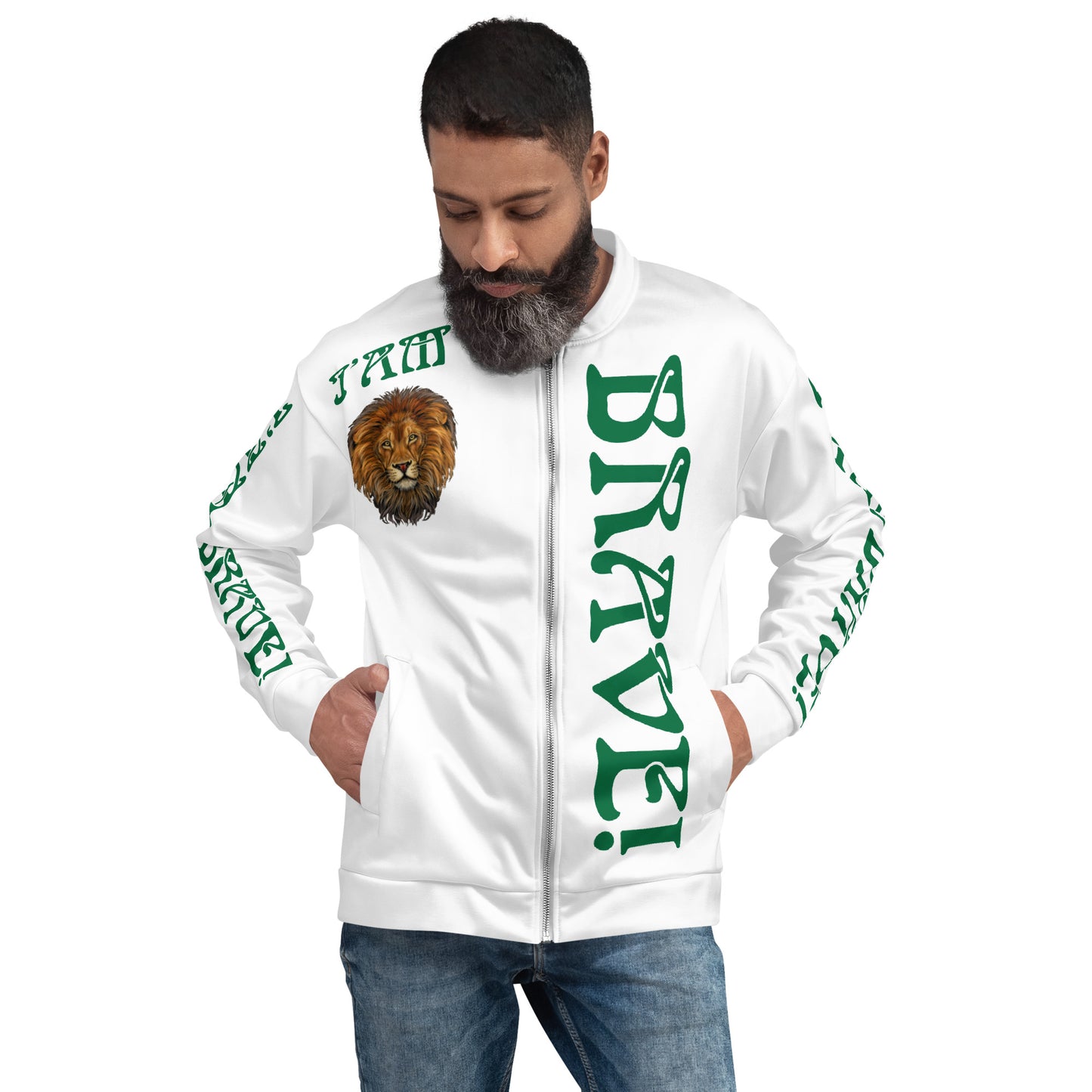 “I’AM BRAVE!”White Unisex Bomber Jacket W/Green Font