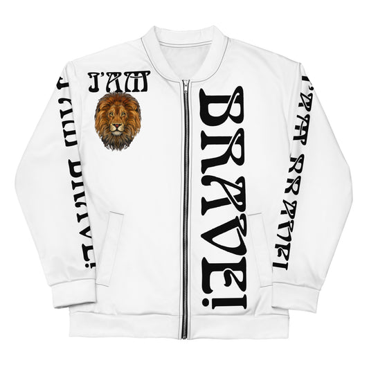 “IAM BRAVE!”White Unisex Bomber Jacket W/Black Font