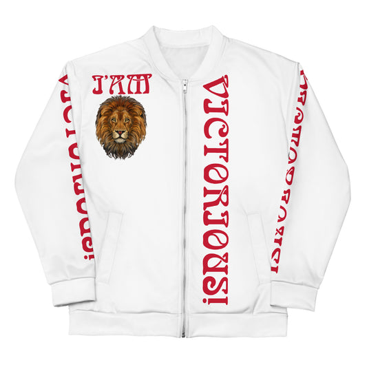 “I’AM VICTORIOUS!”White Unisex Bomber Jacket W/Red Font