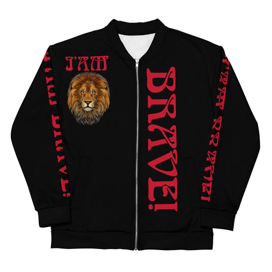 “IAM BRAVE!"Black Unisex Bomber Jacket W/Red Font