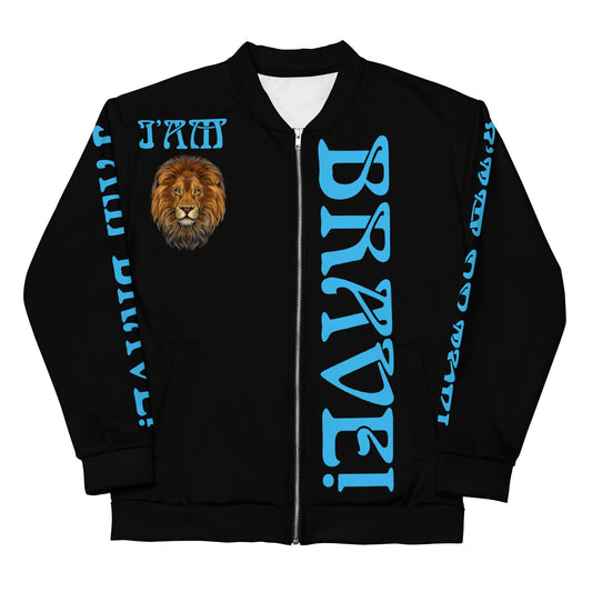 “IAM BRAVE!"Black Unisex Bomber Jacket W/SkyBlue Font