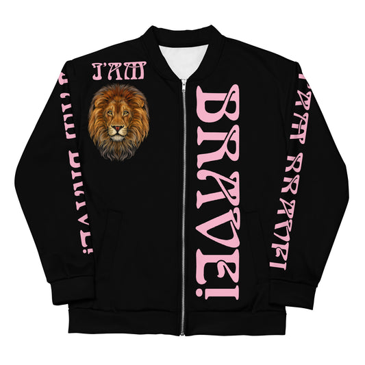 “IAM BRAVE!"Black Unisex Bomber Jacket W/Cotton Candy Font