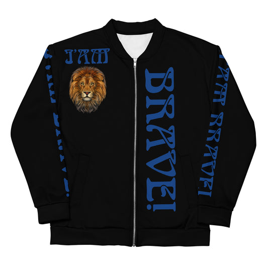 “IAM BRAVE!"Black Unisex Bomber Jacket W/Blue Font