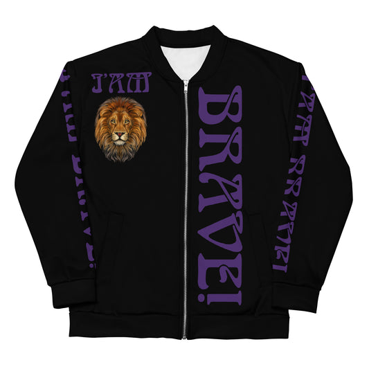 “IAM BRAVE!"Black Unisex Bomber Jacket W/Purple Font